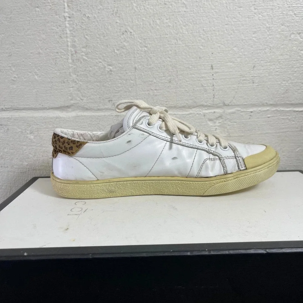 Saint‎ Laurent Court Classic Diamond White Leather Leopard Womens 37.5 EU/7.5 US